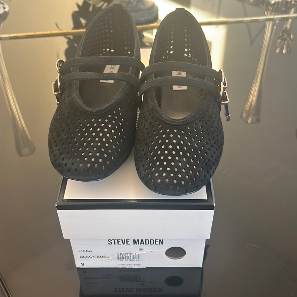 Steve Madden Black Perforated Mary Jane Flats with Buckle Strap